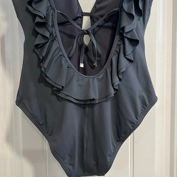 MICHAEL Michael Kors Slate Gray Ruffled Scoop-Back One-Piece Swimsuit. Size 8. - Picture 9 of 16